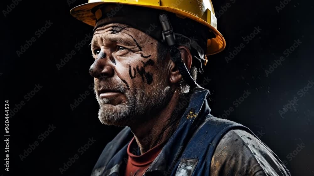Portrait of a coal miner wearing a hard hat, his face covered in coal dust, against a dark background. The image evokes the tough working conditions in the mining industry Portrait of a coal miner wearing a hard hat, his face covered in coal dust, against a dark background. The image evokes the tough working conditions in the mining industry