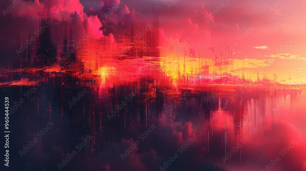Naklejka premium Vivid sunset colors blend across a surreal landscape, creating a dreamlike atmosphere at dusk. Generative AI