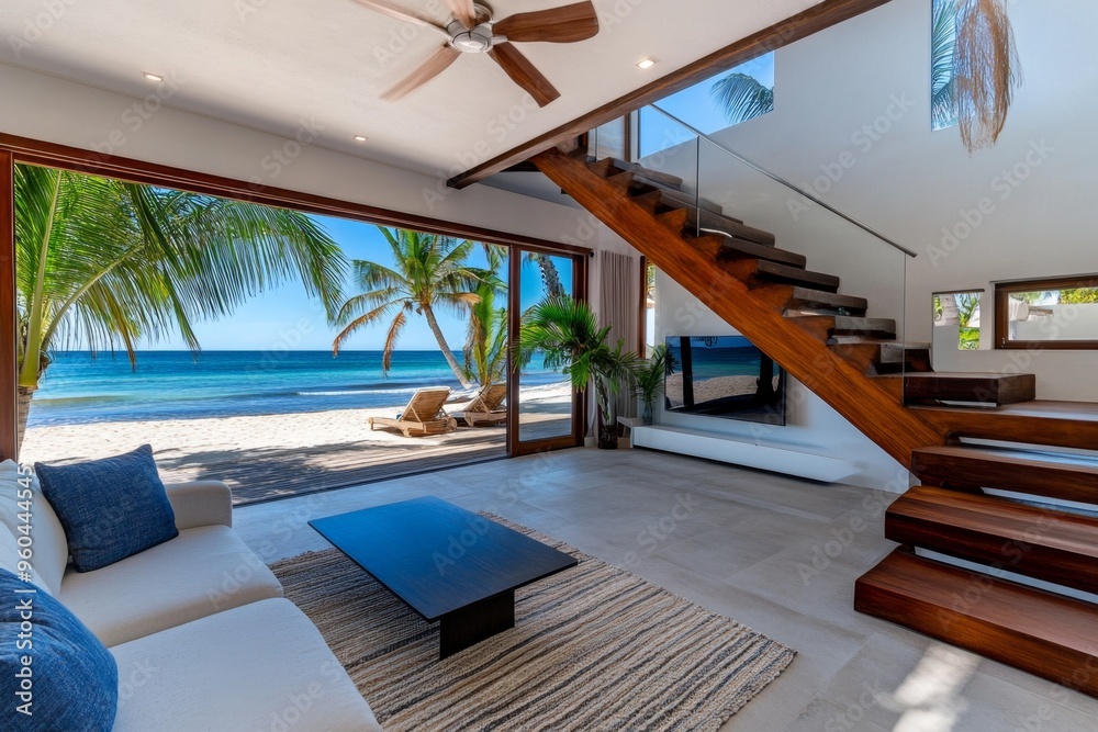 Fototapeta premium House, beachfront bungalow, casual comfort embraces the beach lifestyle with breezy interiors and easy access to the sand