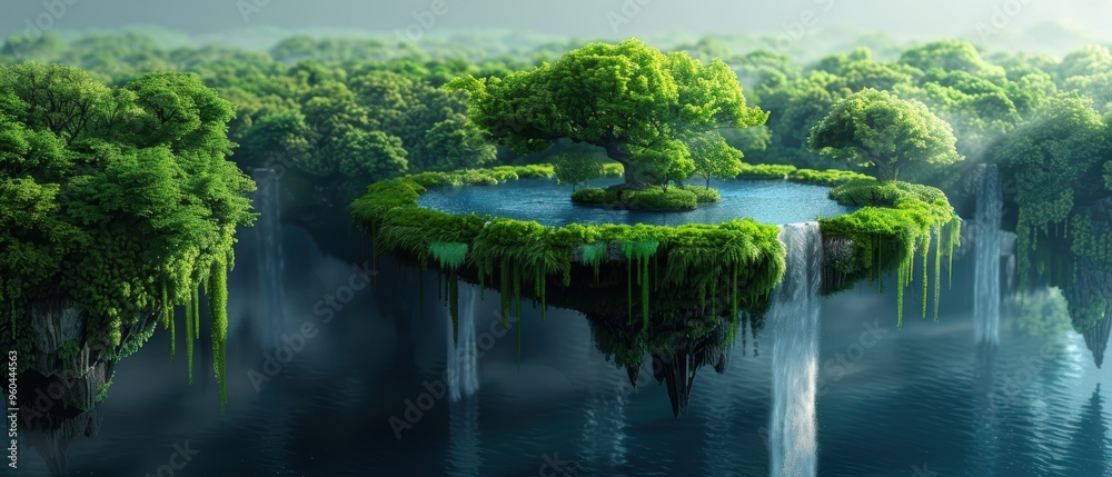 Spectacular Surreal Mountain Landscape with Floating Islands and Waterfalls - Digital Art Background in Spectacular Surreal Mountain Landscape with Floating Islands and Waterfalls - Digital Art Background in