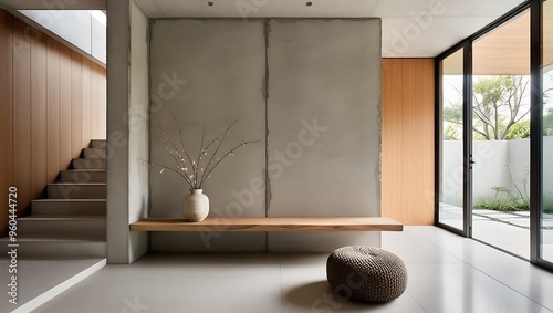 A modern, Zen-inspired interior space that combines raw materials with natural elements to create a serene atmosphere