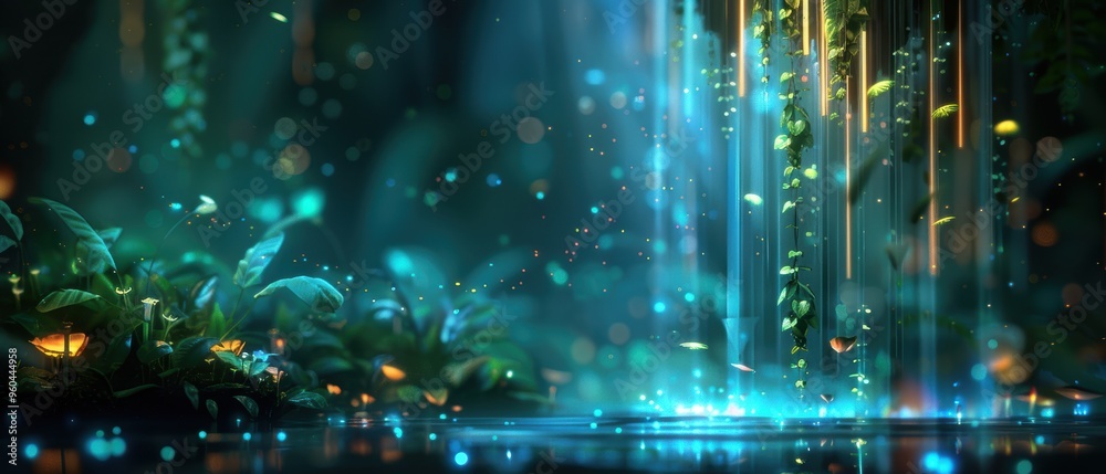 Fototapeta premium Enchanted Waterfall Wonderland - Mystical Digital Art Background of Glowing Water and Magical Creatures in