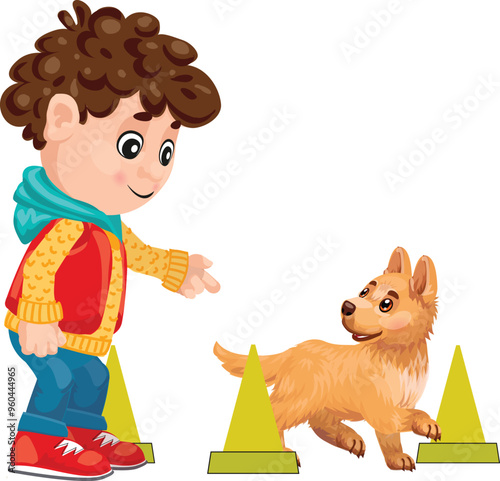 Young boy training his puppy dog to slalom between cones