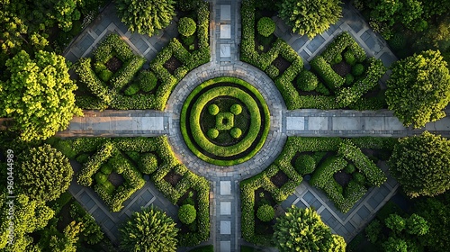 A symmetrical garden viewed from above showcases stone paths and lush greenery.