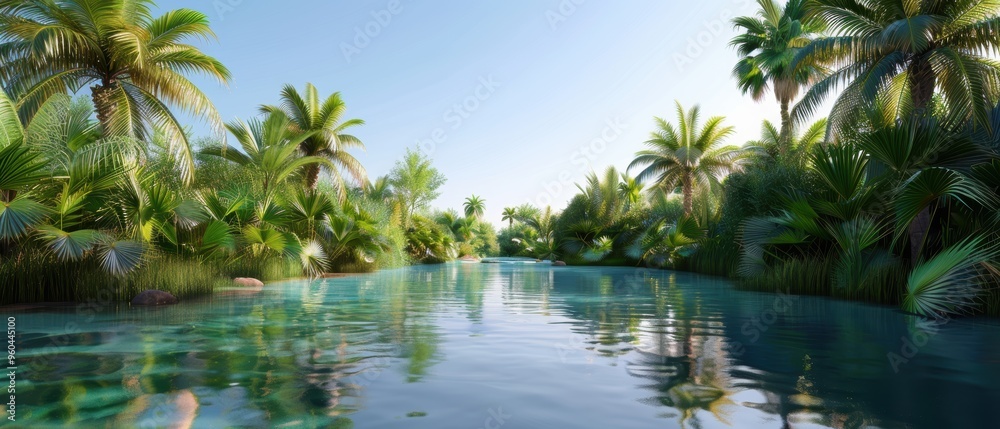 Tranquil Desert Oasis with Palm Trees and Crystal Clear Pond - Digital Art Background in Tranquil Desert Oasis with Palm Trees and Crystal Clear Pond - Digital Art Background in