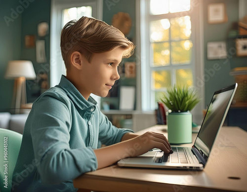 Side view of boy using laptop computer on table while sitting at home