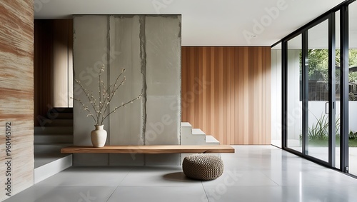 A modern, Zen-inspired interior space that combines raw materials with natural elements to create a serene atmosphere