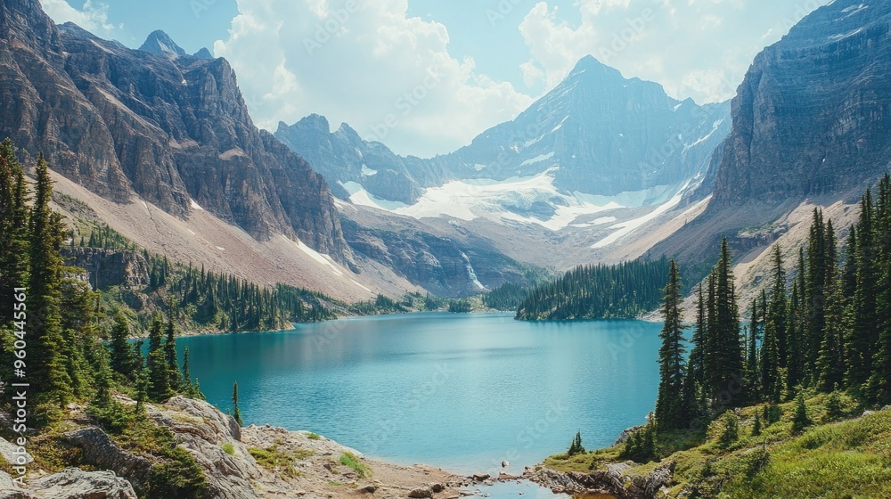 A stunning view of a glacier-fed lake surrounded by towering mountains and pine trees. A stunning view of a glacier-fed lake surrounded by towering mountains and pine trees.