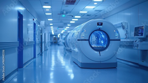Futuristic Imaging Department with Blurred Hallway and Medical Machines in Background