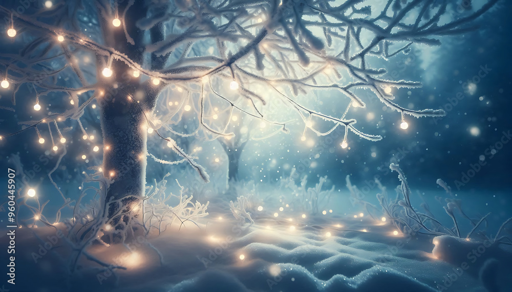 A winter scene featuring frosted tree branches adorned with glowing string lights. Soft falling snowflakes fill the air while a blurred cool toned background creates a dreamy ethereal atmosphere A winter scene featuring frosted tree branches adorned with glowing string lights. Soft falling snowflakes fill the air while a blurred cool toned background creates a dreamy ethereal atmosphere