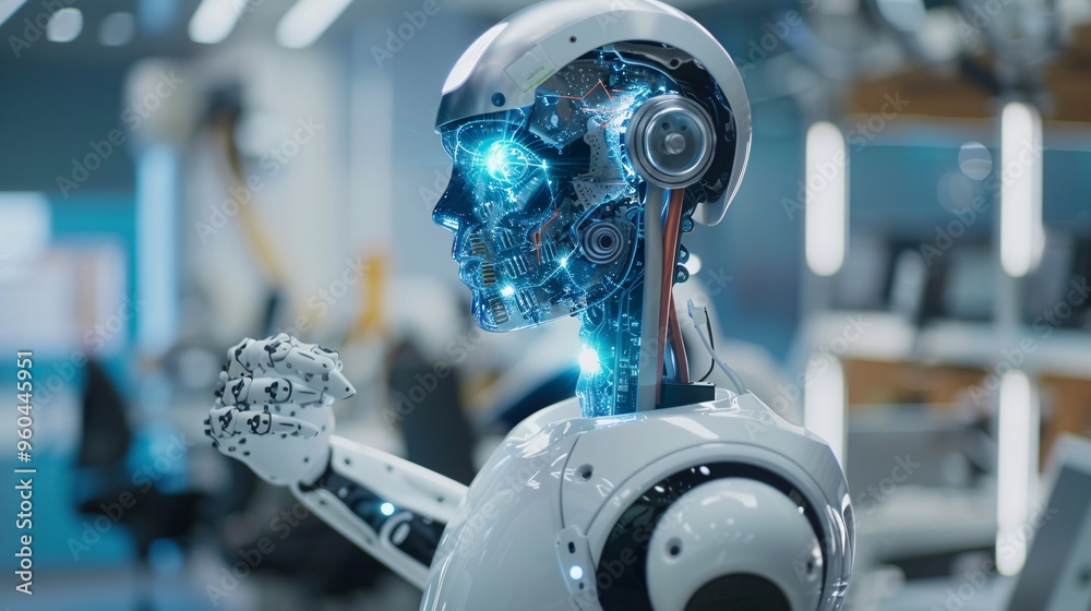 Futuristic Robot with Glowing Blue Circuitry in a Modern Laboratory Futuristic Robot with Glowing Blue Circuitry in a Modern Laboratory