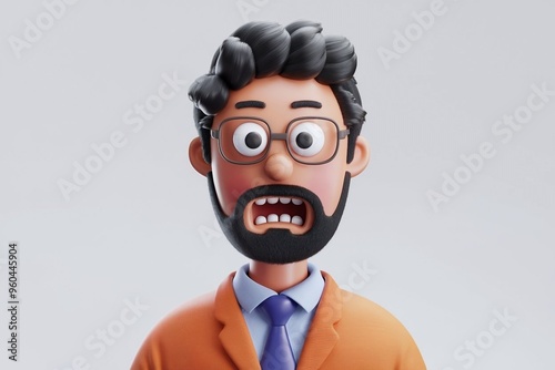 Shocked scared amazed cartoon character adult man person portrait in 3d style design isolated on White background.