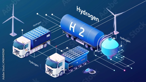 Isometric Hydrogen energy car. Alternative energy and zero emission. Hydrogen powered transportation, green hydrogen from renewable energy sources, Vector illustration of an energy storage system.