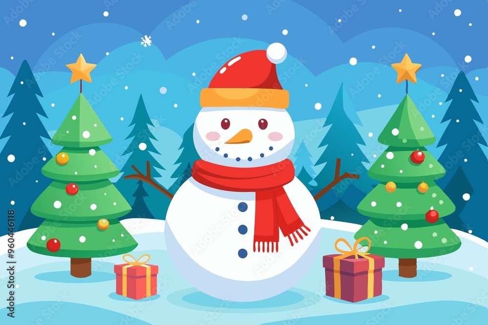 A joyful smiling snowman in the winter forest, congratulates you on the New Year holidays. winter children's background for the holiday A joyful smiling snowman in the winter forest, congratulates you on the New Year holidays. winter children's background for the holiday