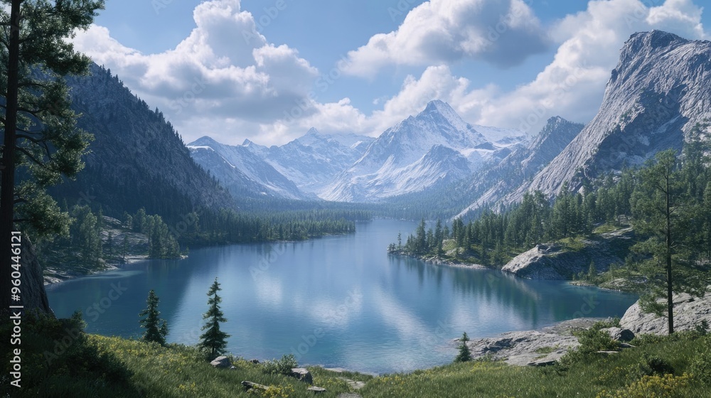 A stunning view of a glacier-fed lake surrounded by towering mountains and pine trees. A stunning view of a glacier-fed lake surrounded by towering mountains and pine trees.
