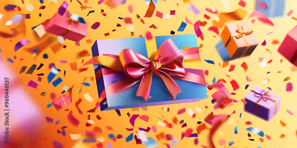 Colorful gift boxes with large bows floating amidst falling confetti on a bright yellow background, symbolizing celebration and festivity Colorful gift boxes with large bows floating amidst falling confetti on a bright yellow background, symbolizing celebration and festivity