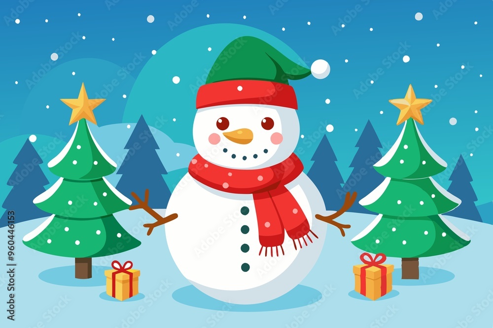 A joyful smiling snowman in the winter forest, congratulates you on the holiday. winter children's background for the holiday A joyful smiling snowman in the winter forest, congratulates you on the holiday. winter children's background for the holiday