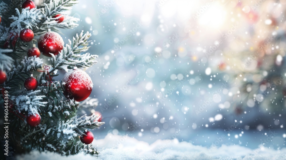 Christmas tree with decorative balls with winter snow background Christmas tree with decorative balls with winter snow background