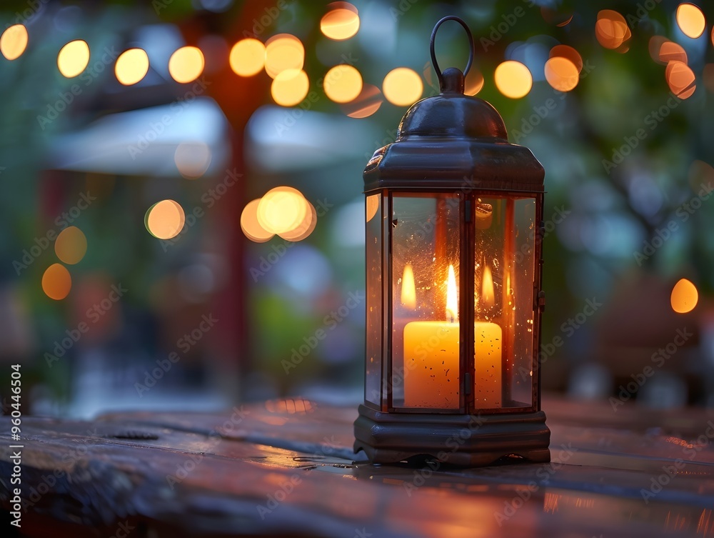 Cozy Candle Lantern Glowing in Rustic Outdoor Setting Peaceful Autumn or Winter Ambiance