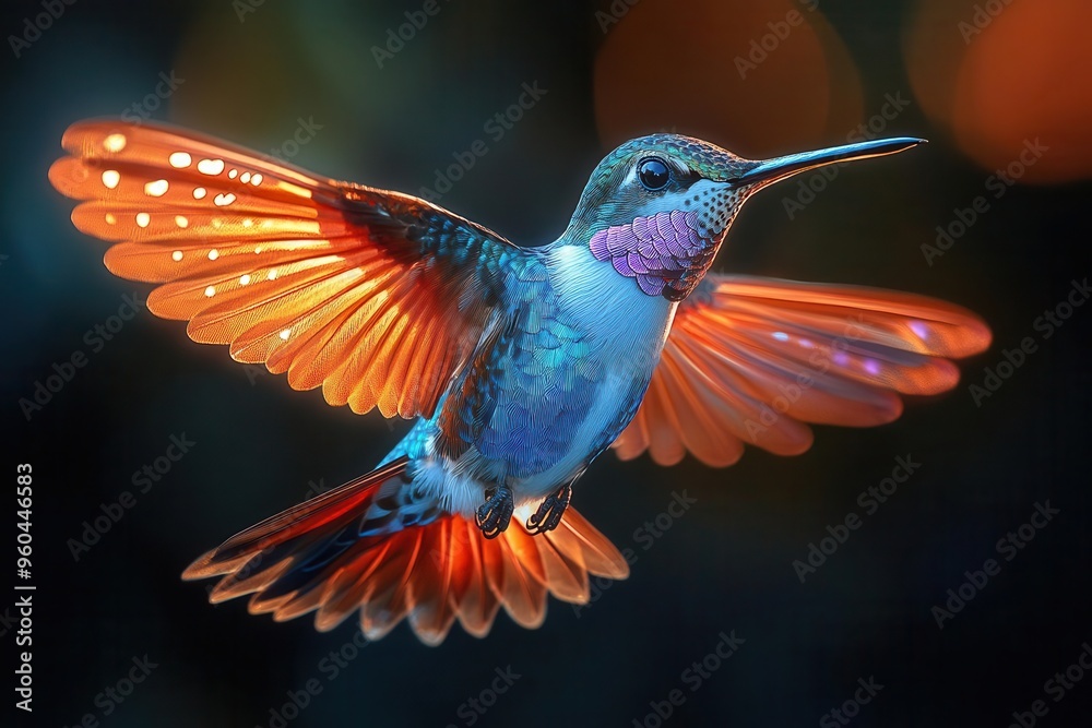 Fototapeta premium iridescent hummingbird in flight extreme closeup capturing intricate feather details and vibrant colors against softfocus dark background