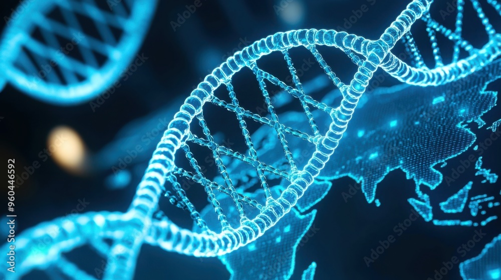Fototapeta premium An intricate representation of DNA strands glowing in blue, illustrating the beauty of genetics and molecular biology.