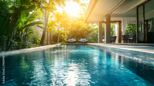 A luxurious tropical villa featuring a large pool with clear blue water. The villa is surrounded by lush tropical foliage, and the scene is bathed in soft, golden sunlight, enhancing the inviting