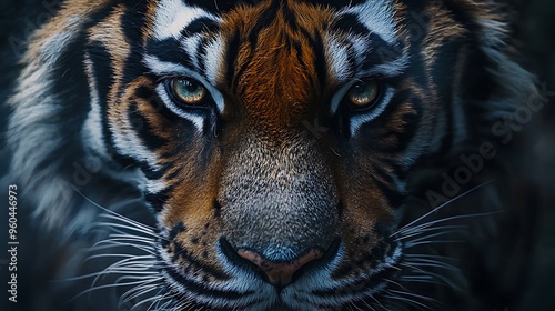 A close-up portrait captures the intense gaze of a tiger, showcasing its powerful eyes and striped fur.