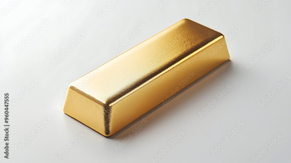 A polished gold bar rests on a white surface, exuding luxury and value. A polished gold bar rests on a white surface, exuding luxury and value.