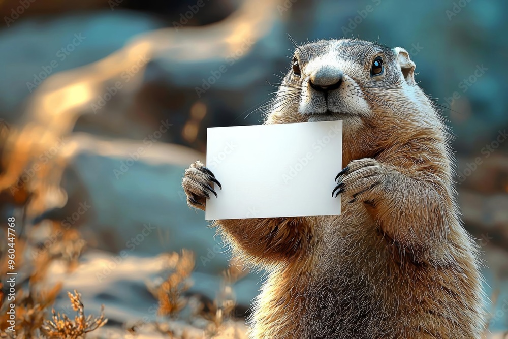 custom made wallpaper toronto digitalHyber realistic photo of  Groundhog Day, groundhog holding a mock up card, groundhog holding a blank white card   , copy space for text,