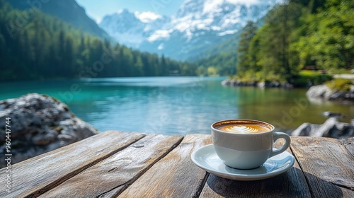 A cup of coffee on the wooden table by the lake, with a sunrise in the background, creating a beautiful nature scenery