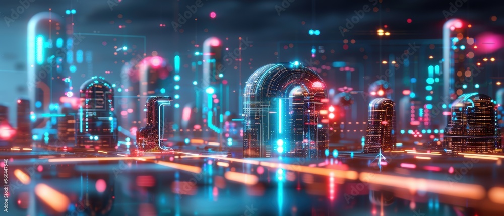 Digital Cityscape: Futuristic Architecture and Neon Lights in Digital Cityscape: Futuristic Architecture and Neon Lights in