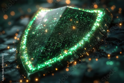 luminous emerald shield pulsing with binary code casting a protective glow over a dark cyberscape intricate network patterns weave through the background symbolizing digital fortification photo