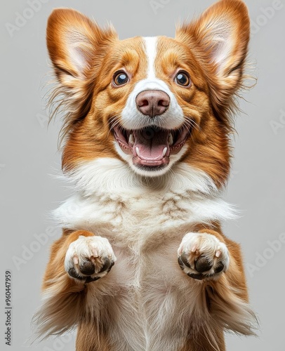 Hyber realistic photo of Adorable smiling dog standing on hind paws, looking at the camera and holding. Template for placing your product goods ad , copy space for text,