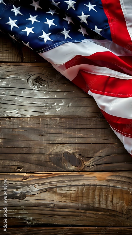 Obraz premium A folded American flag draped over a rustic wooden surface, symbolizing patriotism.