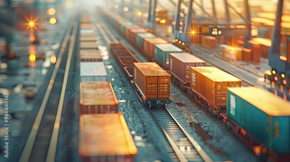 Fototapeta premium Cargo Train on Railroad Tracks at Sunset