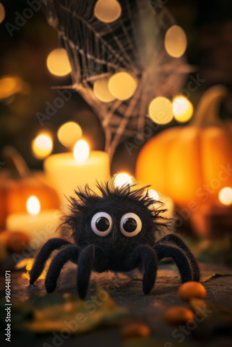 Cute spider on fall background with pumpkins, web and candles. Halloween toy character for card, poster, banner.