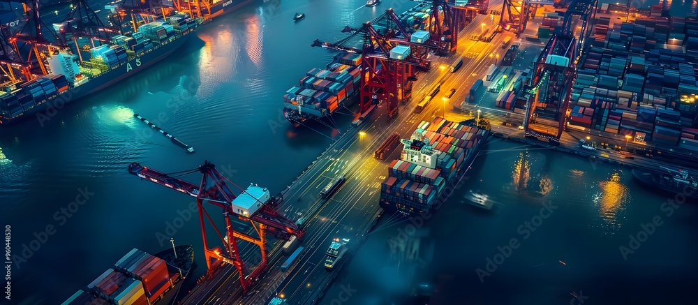 Naklejka premium Aerial view of cargo ships docked at a busy port with cranes operating under bright lights, reflecting on calm waters at night.