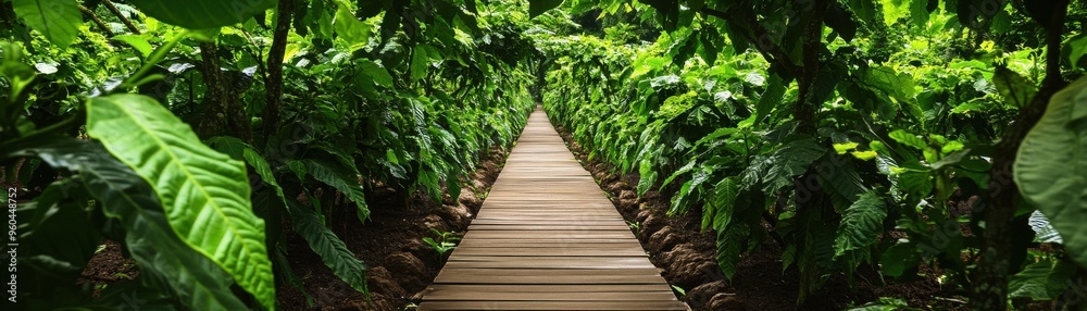 A wooden pathway surrounded by lush green tropical plants, creating a serene and tranquil atmosphere in a natural environment. A wooden pathway surrounded by lush green tropical plants, creating a serene and tranquil atmosphere in a natural environment.