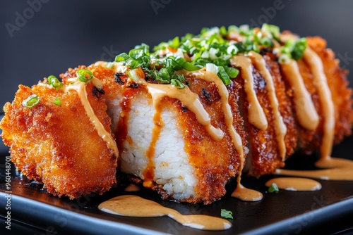 Japanese food, miso katsu, twist on tonkatsu features breaded pork cutlets topped with a savory miso-based sauce photo