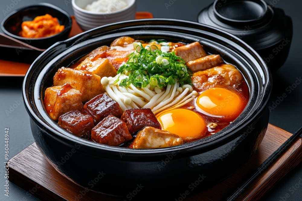Japanese food, oden, simmered comfort food includes ingredients like daikon, tofu, and fish cakes in a light, savory broth Japanese food, oden, simmered comfort food includes ingredients like daikon, tofu, and fish cakes in a light, savory broth