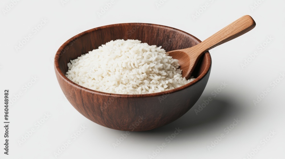 Wooden Bowl with Cooked White Rice and Wooden Spoon Wooden Bowl with Cooked White Rice and Wooden Spoon