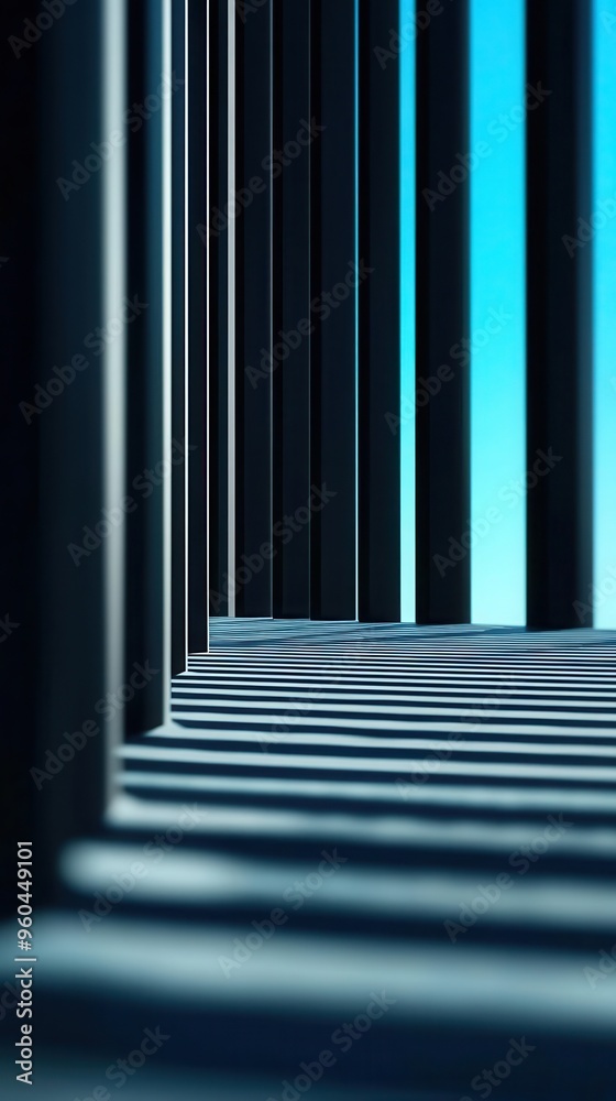 Fototapeta premium A modern architectural perspective featuring vertical lines and shadows, creating a dynamic visual experience with a blue backdrop.