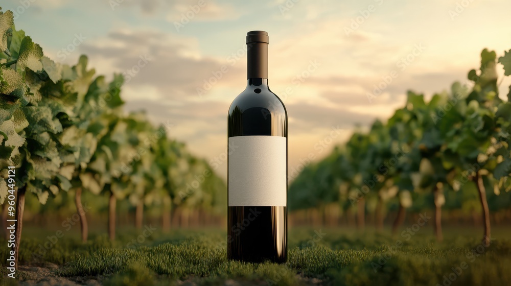 Wine Bottle Mock in Vineyard at Sunset Wine Bottle Mock in Vineyard at Sunset