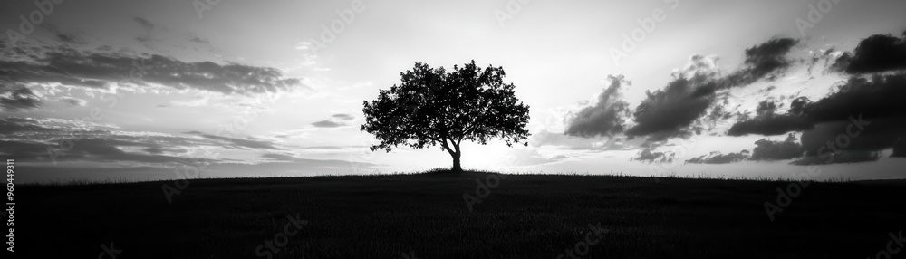 A solitary tree stands against a dramatic sky, creating a stunning black and white landscape that evokes tranquility and solitude. A solitary tree stands against a dramatic sky, creating a stunning black and white landscape that evokes tranquility and solitude.