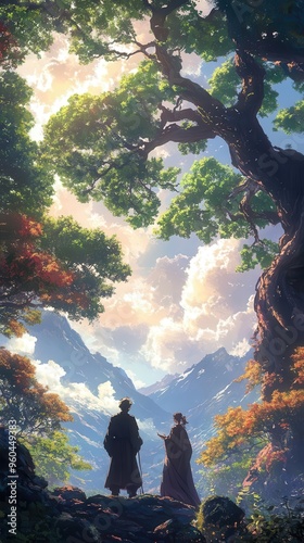 A low-angle view of two characters engaged in a philosophical debate