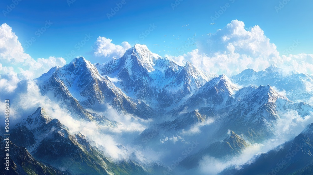 Fototapeta premium A stunning view of a mountain range with snow-capped peaks and a deep blue sky above.
