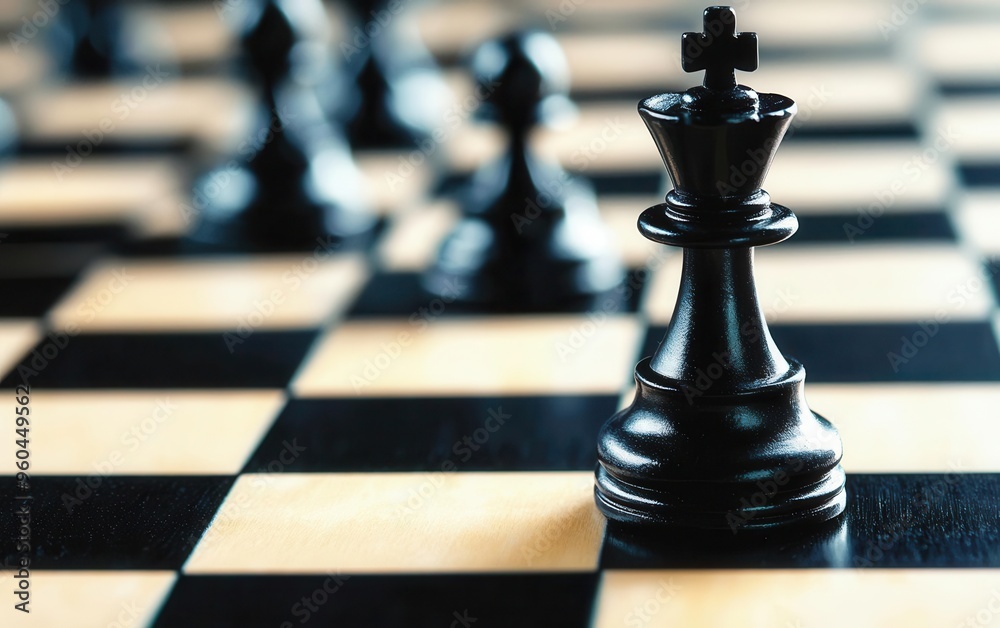 Close-up of a black king chess piece on a polished chess board, highlighting strategy and competitive intellect. Close-up of a black king chess piece on a polished chess board, highlighting strategy and competitive intellect.