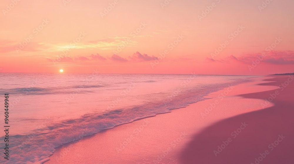 Fototapeta premium A tranquil beach at sunrise, with the sky painted in shades of pink and orange.