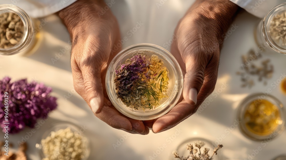 science preparing an organic essential oil with herbs and plants in a lab environment science preparing an organic essential oil with herbs and plants in a lab environment
