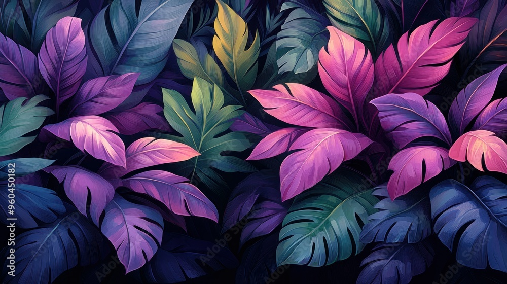 Elegant leaves in purple and teal, set against a gray background, create an elegant and calming wallpaper design.